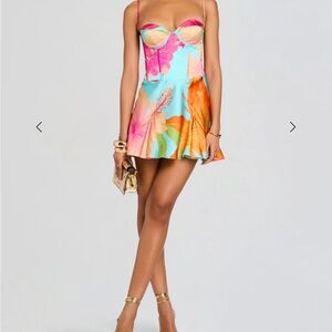 Retrofete Floral Strapless Mini Dress in Aqua and Pink